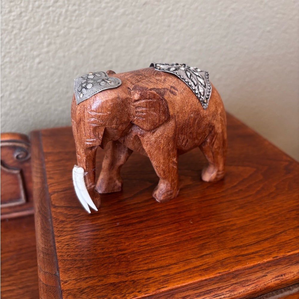 Wooden Elephant Figurine with Silver Accents